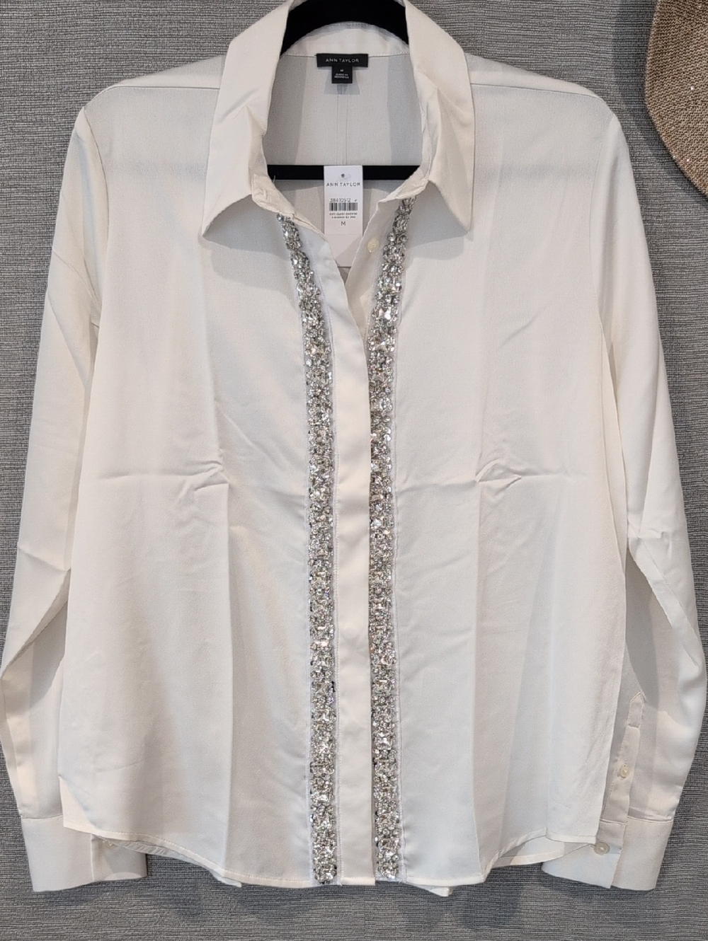 Ann Taylor Cream Button-Up Blouse with Silver Sequin Trim